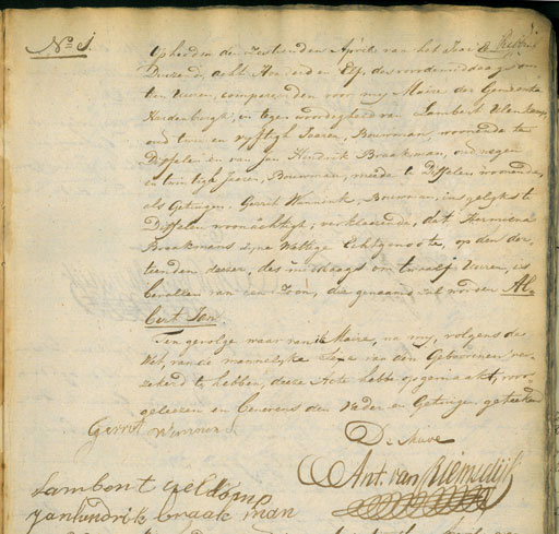 De geheel handgeschreven eerste akte van de burgerlijke stand van Hardenberg, 16 april 1811.