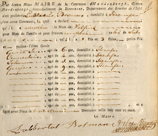 Een van de fraaie akten van naamsaanneming, geheel opgesteld in de Franse taal, 31 december 1811.