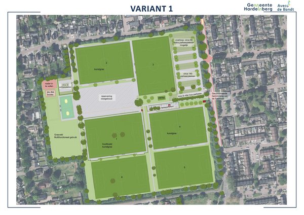 Bij variant 1 veranderen de volgende dingen: het hoofdveld draait een kwart en gaat een stukje omhoog, zodat daaronder plek is voor veld 6. Het trainingsveld wordt parkeerplek. Veld 3 draait een kwart, zodat er ruimte komt voor het clubgebouw. Het clubgebouw van de korfbalvereniging verdwijnt. Het korfbalveld verschuift richting het nieuwe clubgebouw, waar nu de jeu-de-boulesbaan is. De jeu-de-boulesbaan schuift omhoog.