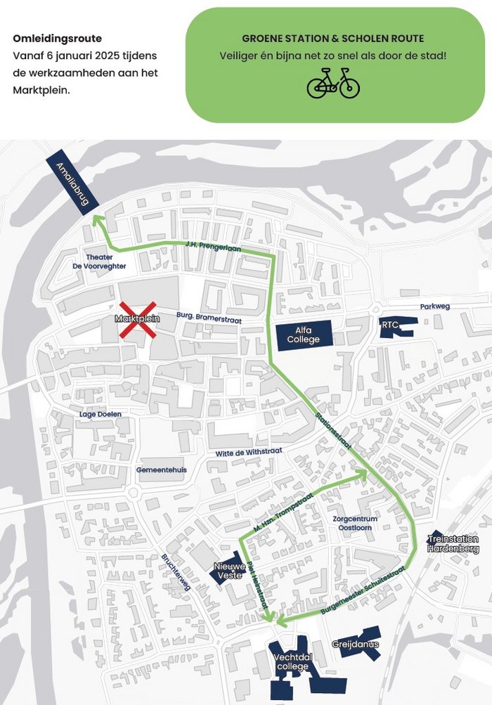 De route loopt vanaf de Amaliabrug door de J.H. Prengerlaan, Stationsstraat, Burgemeester Schuitestraat, Piet Heinstraat  en M. Hzn. Trompstraat.
