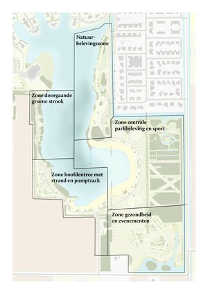 Plattegrond van gebied rondom Kotermeerstal met daarop 5 zondes aangegeven. Linksboven is de zone doorgaande groene strook. Daarnaast, middenboven, is de natuurbelevingzone. Linksonderaan is de zone Hoofdentree met strand en pumptrack. Rechtsmidden is de zone Centrale parkbeleving en sport. En rechtsonderaan de zone Gezondheid en evenementen.